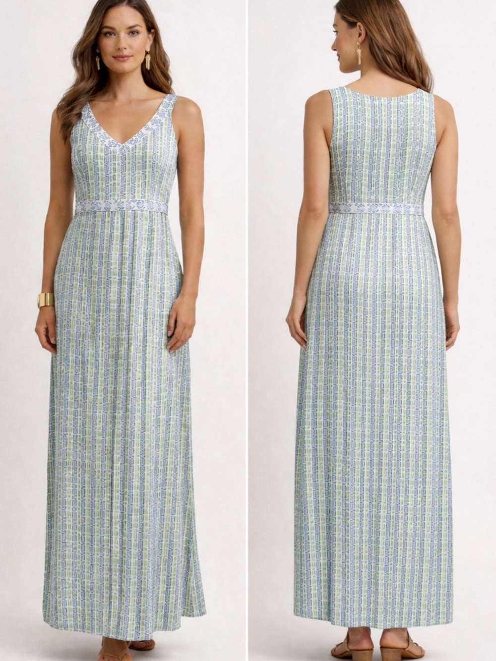 Tory Burch 100% Silk Geometric Print Sleeveless Maxi Dress (XS, Blue, Green)